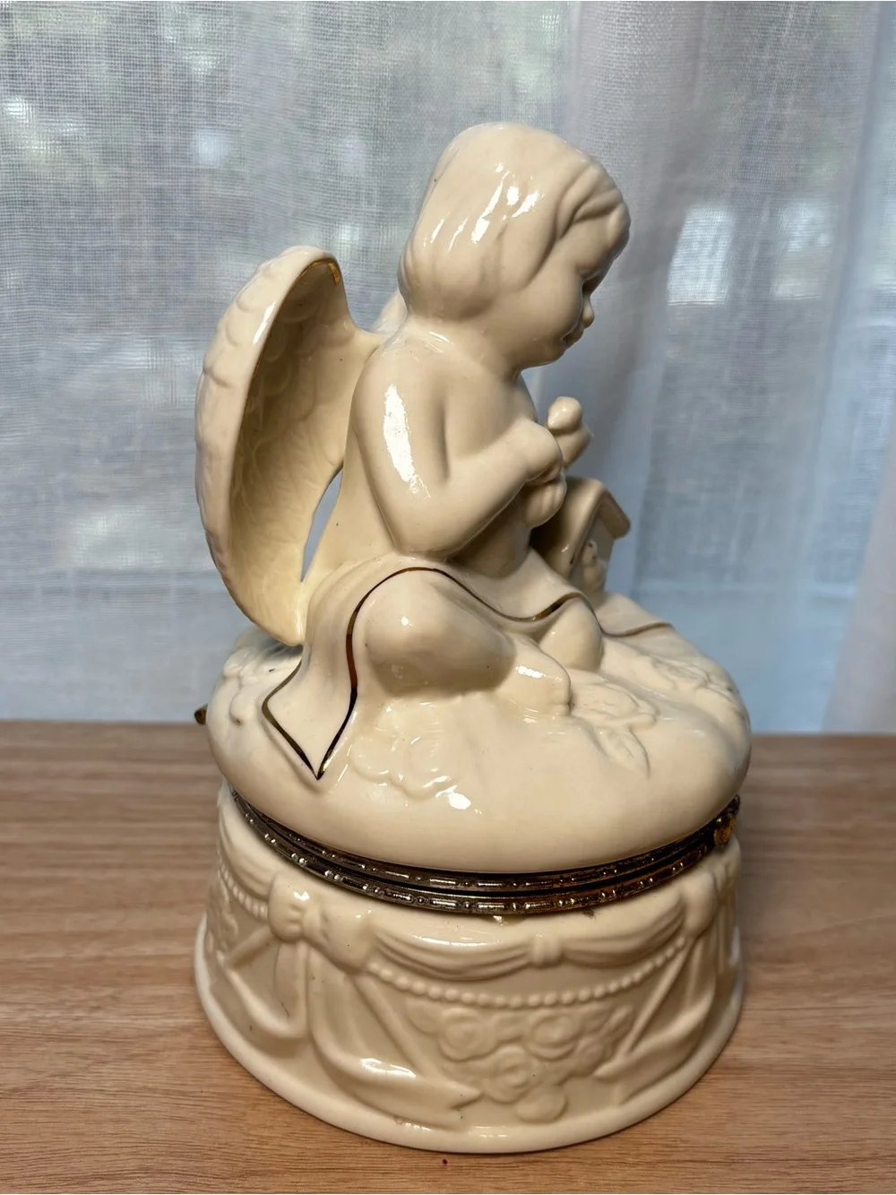 Cream Porcelain Angel Trinket Box with Gold Accent - Decorative Vanity Tray
